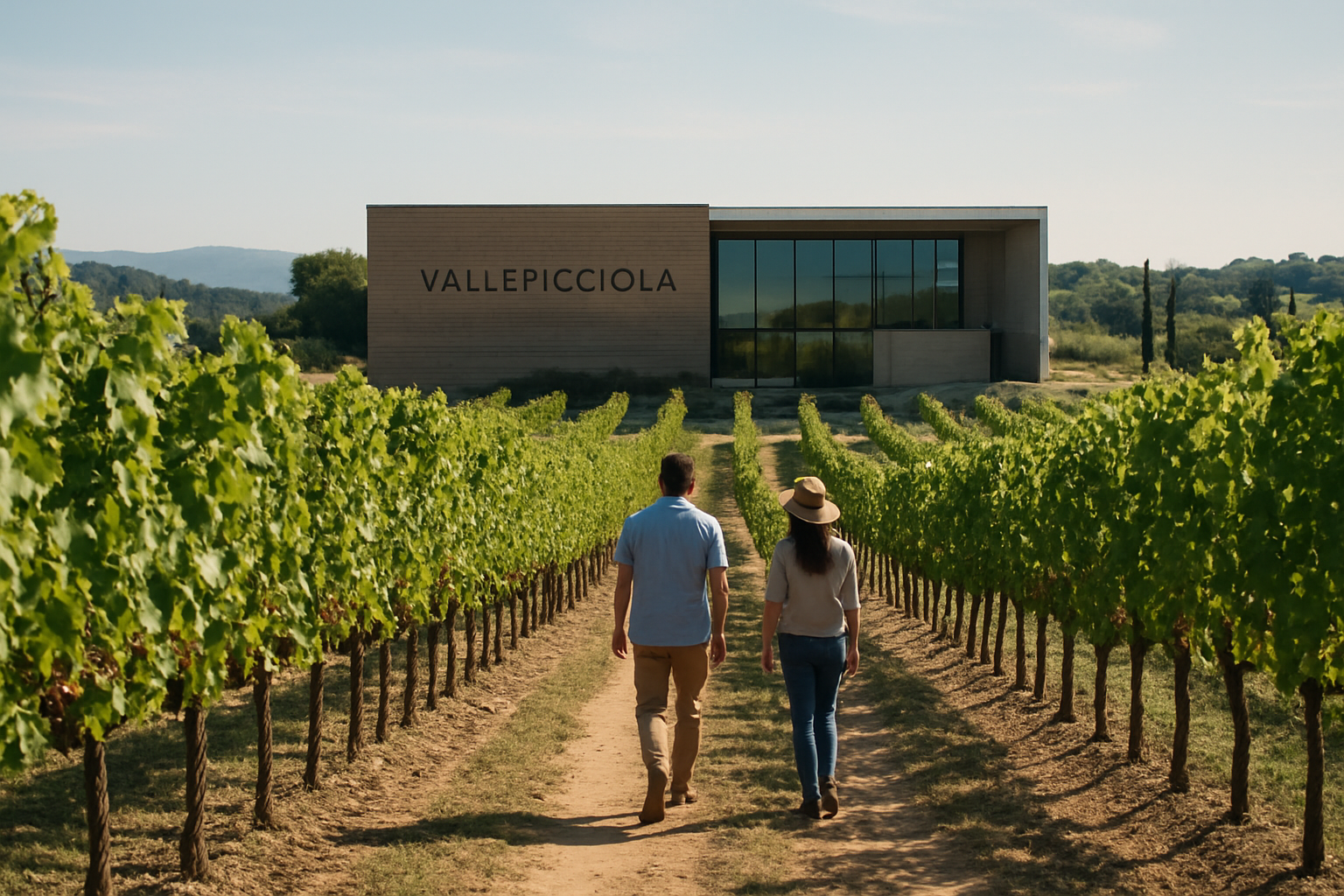 Vallepicciola 와이너리 포도밭 사이를 걷는 방문객 모습과 와이너리 건물