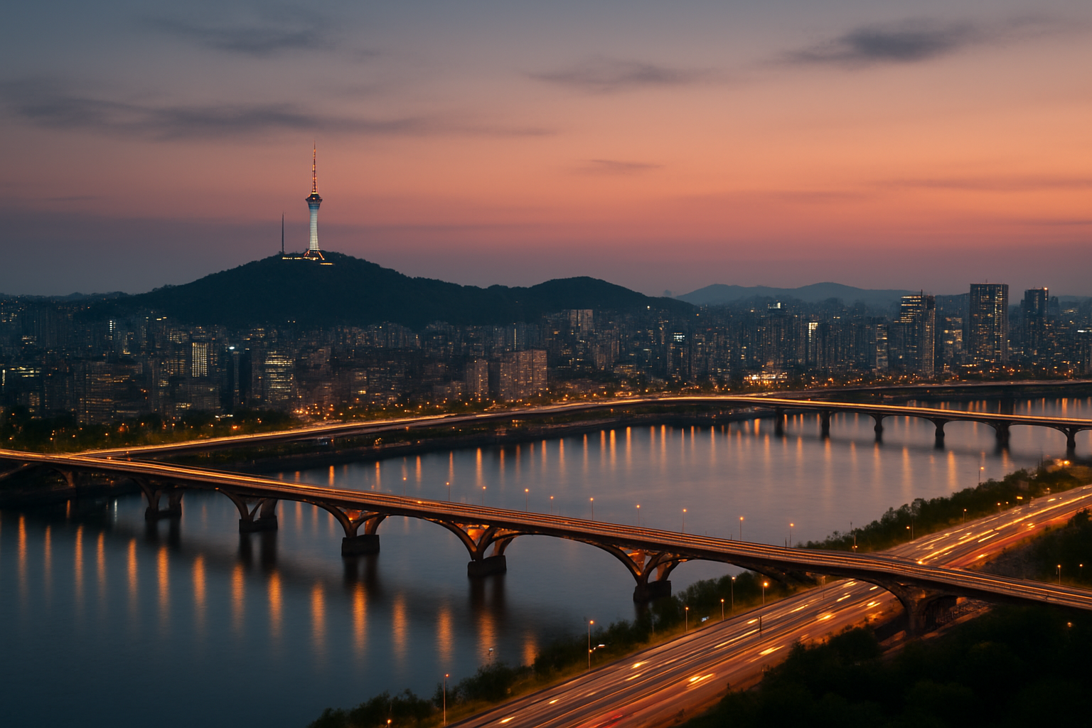 서울 야경과 한강을 배경으로 한 도시 전경, 여행과 안보 상황을 동시에 상징하는 이미지