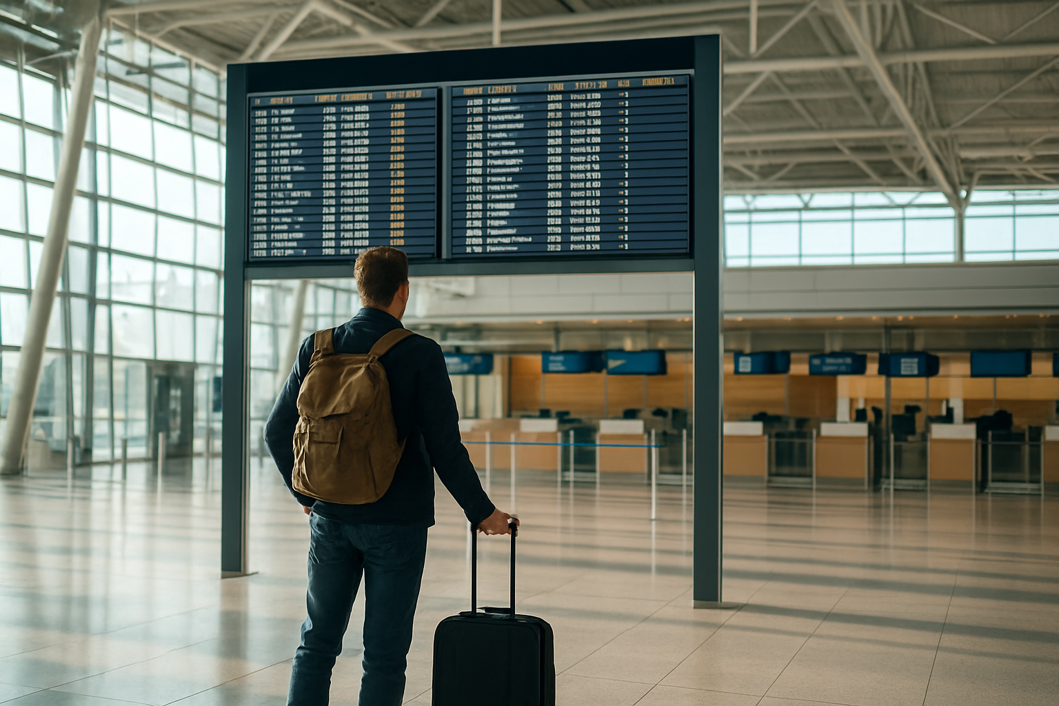 공항 안내판과 항공사 카운터 앞에서 운항 정보를 확인하는 여행자의 모습