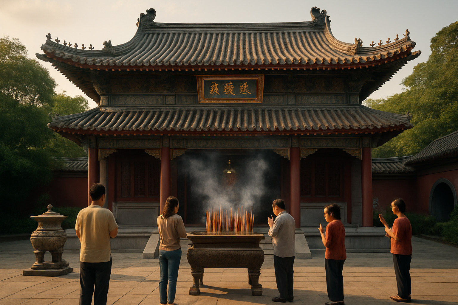 샤틴 처쿵 사원 외관과 사원 앞을 오가는 현지 방문객의 평화로운 모습