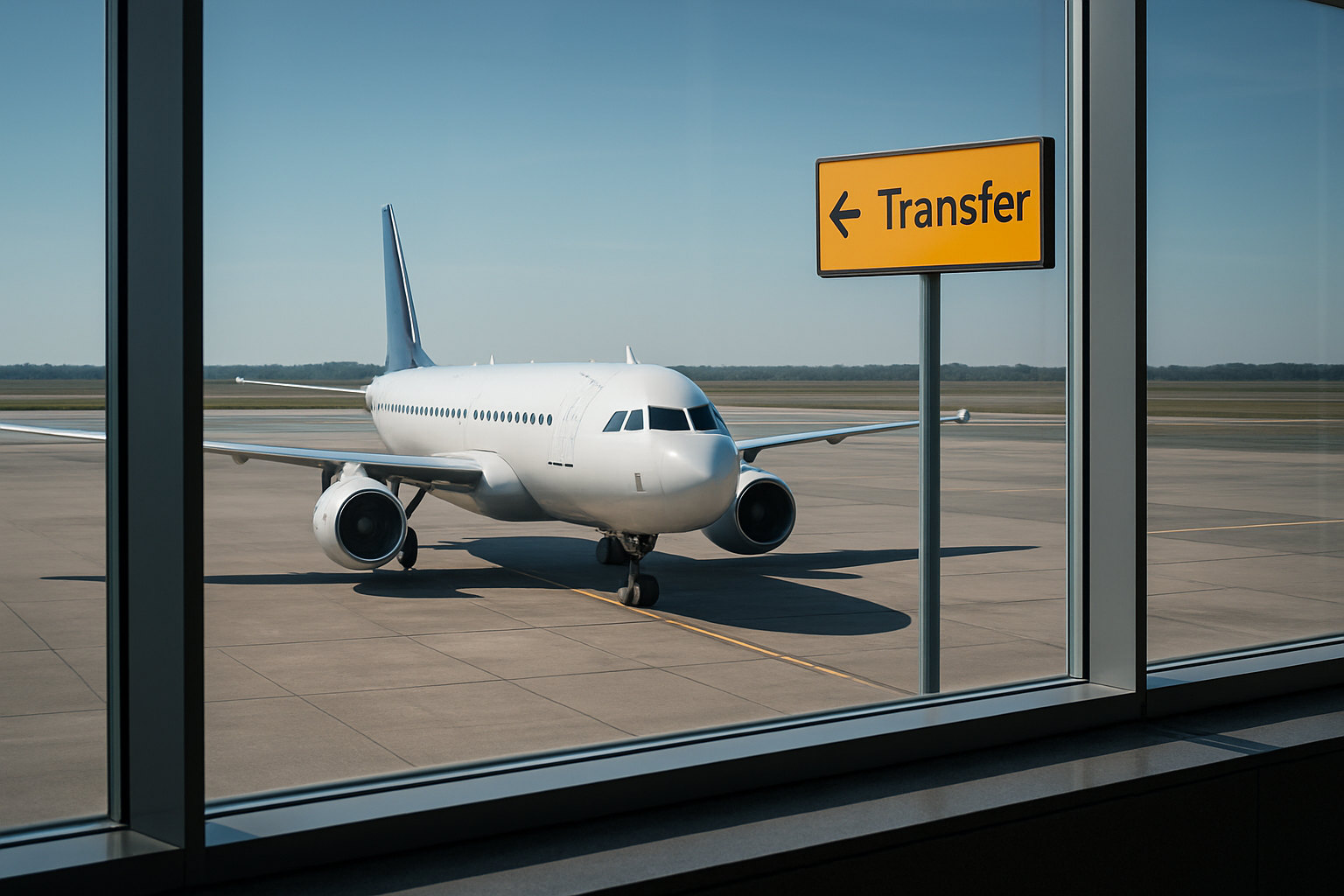 공항 활주로와 항공기, 환승 게이트 표지판이 보이는 국제선 연결성 이미지