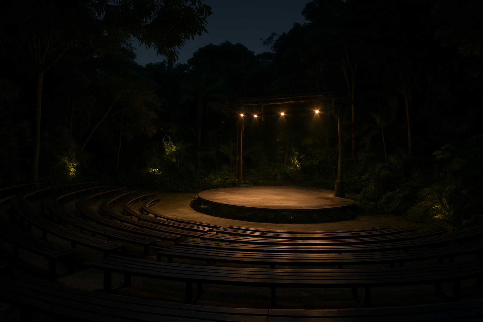 Night Safari의 야외 공연장(Amphitheatre)과 관객이 앉아 공연을 기다리는 모습