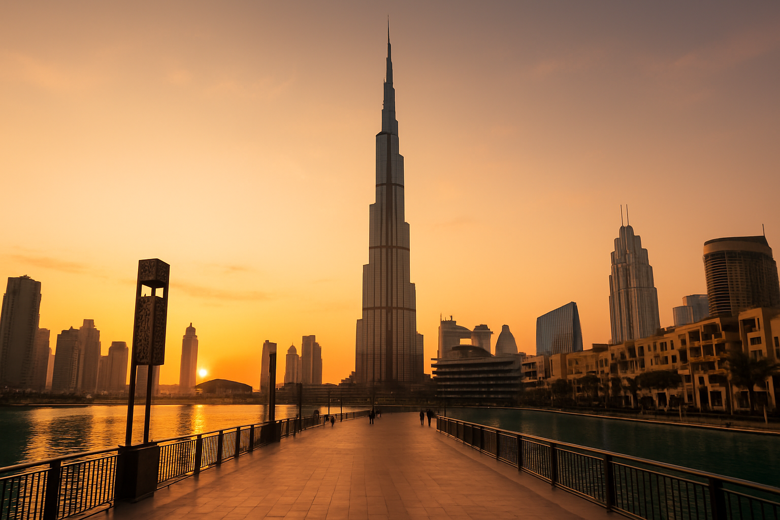 Vista exterior de Burj Khalifa y edificios cercanos desde el paseo de Downtown Dubai al atardecer