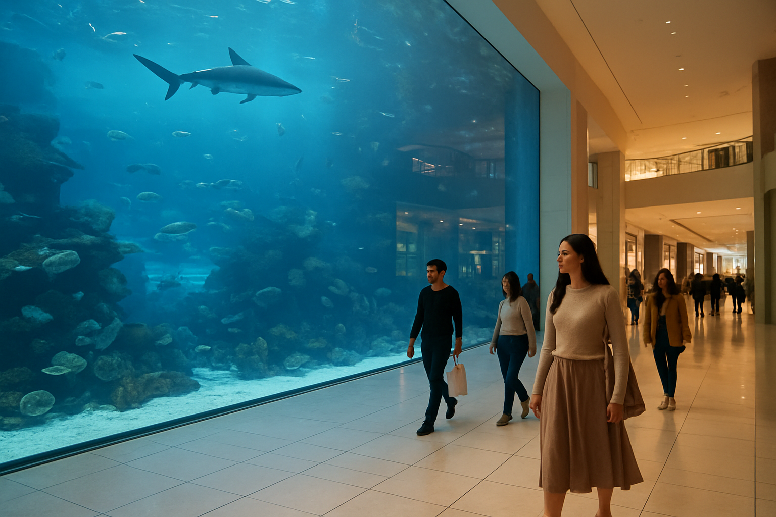 Interior del Dubai Mall con vista parcial del panel del acuario y visitantes paseando