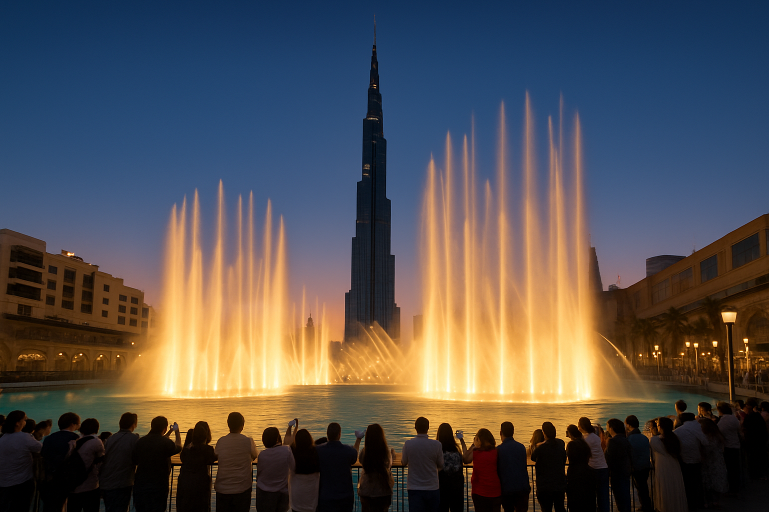 Espectáculo de Dubai Fountain con chorros iluminados frente a Burj Khalifa durante el crepúsculo