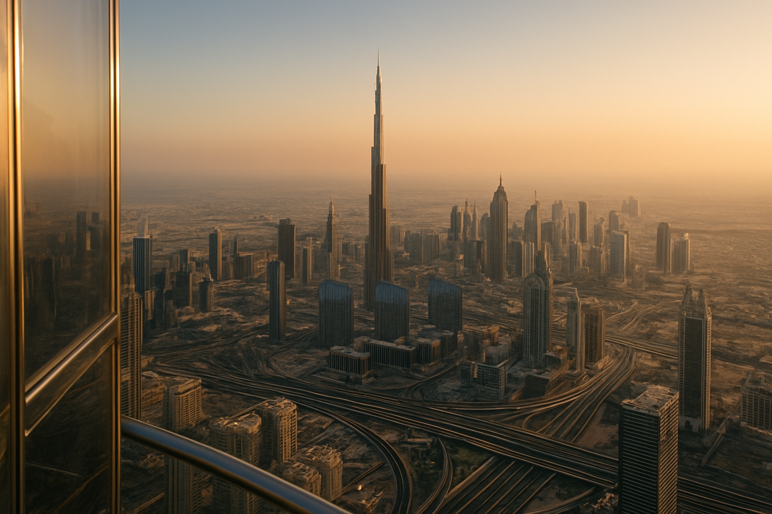 Vista panorámica desde la plataforma de Burj Khalifa mostrando la silueta de Downtown Dubai y calles adyacentes al atardecer