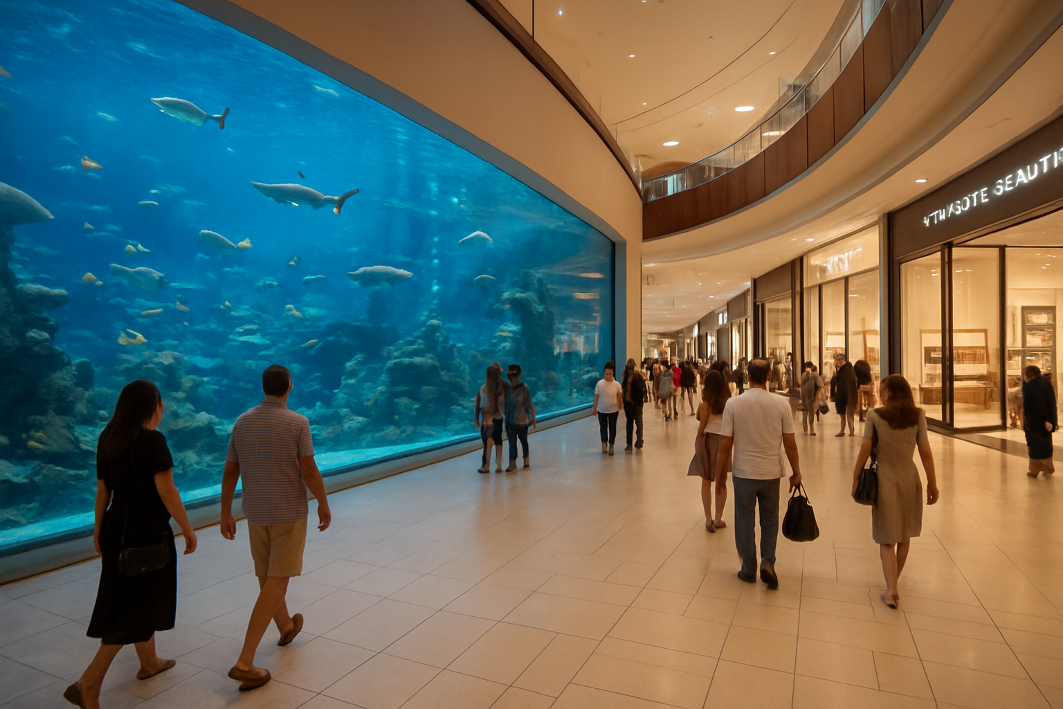 Interior de Dubai Mall con la gran vitrina del Dubai Aquarium visible y flujo de visitantes