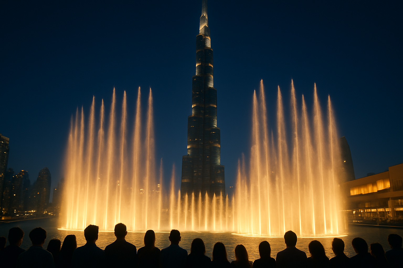 Espectáculo nocturno de la Dubai Fountain con Burj Khalifa iluminado al fondo y espectadores en primer plano