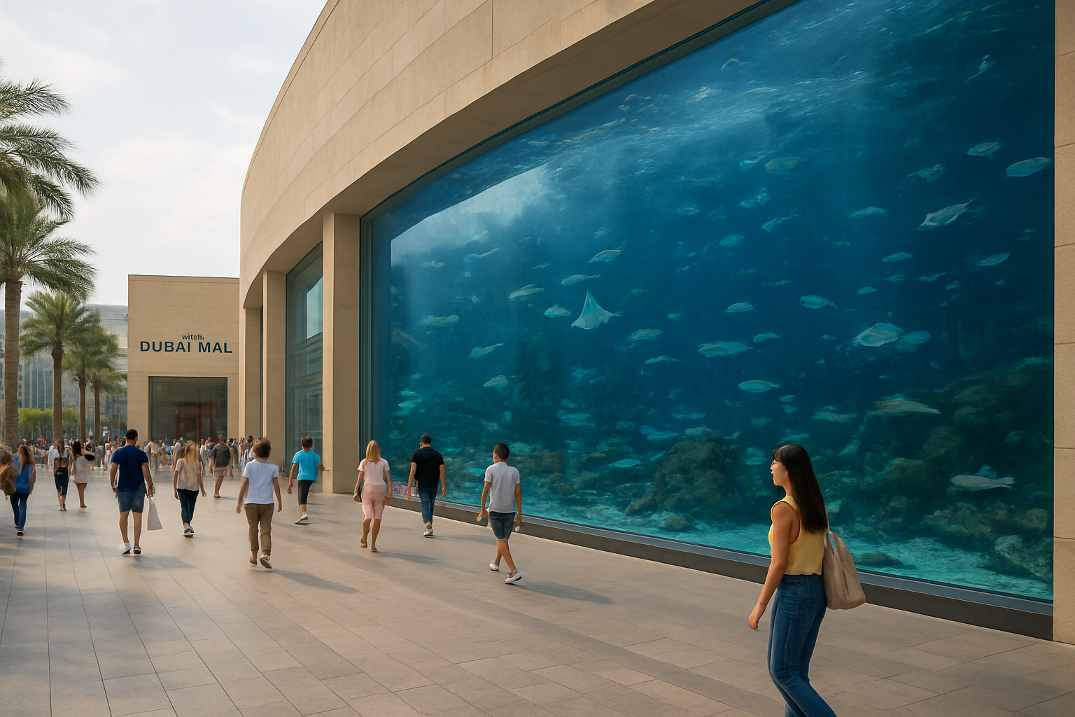 Área peatonal y fachada exterior de Dubai Mall con parte del gran acuario visible desde la zona pública