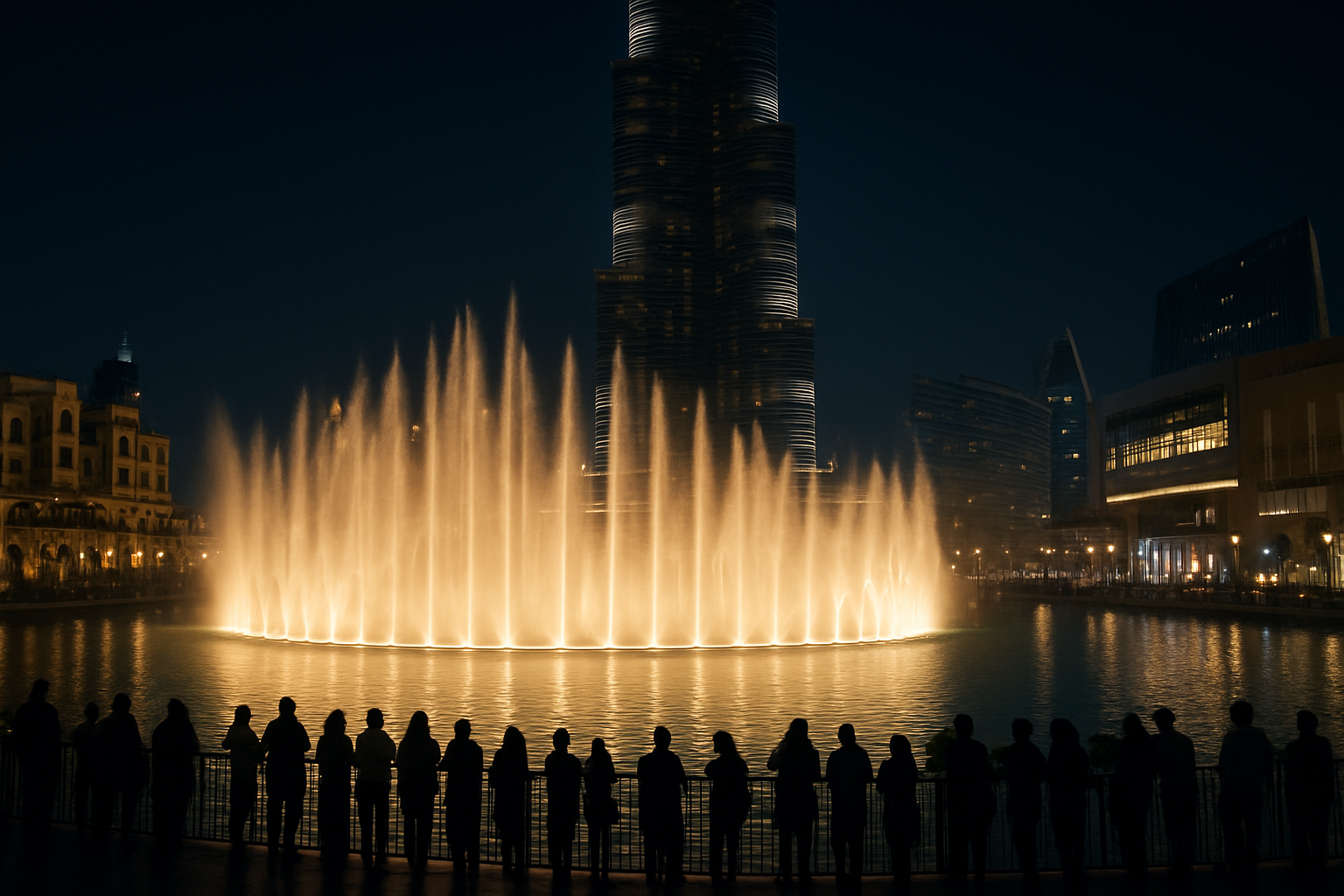 Espectáculo nocturno de la Fuente de Dubái frente al Burj Khalifa con chorros de agua iluminados y reflejos en el lago