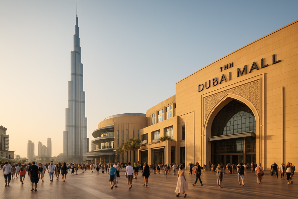 Vista exterior del Burj Khalifa y Dubai Mall desde la avenida principal al atardecer