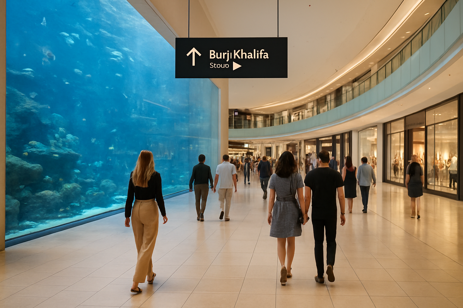 Interior climatizado de Dubai Mall con vista parcial hacia el panel del Dubai Aquarium y señalización hacia Burj Khalifa