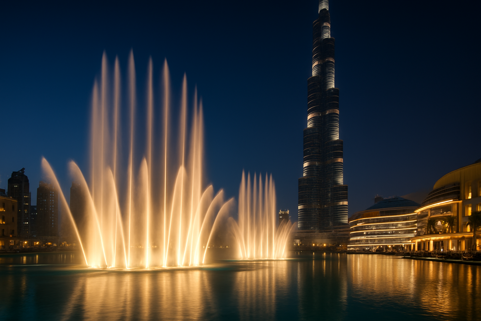 Espectáculo nocturno de la Fuente de Dubái con el Burj Khalifa iluminado al fondo