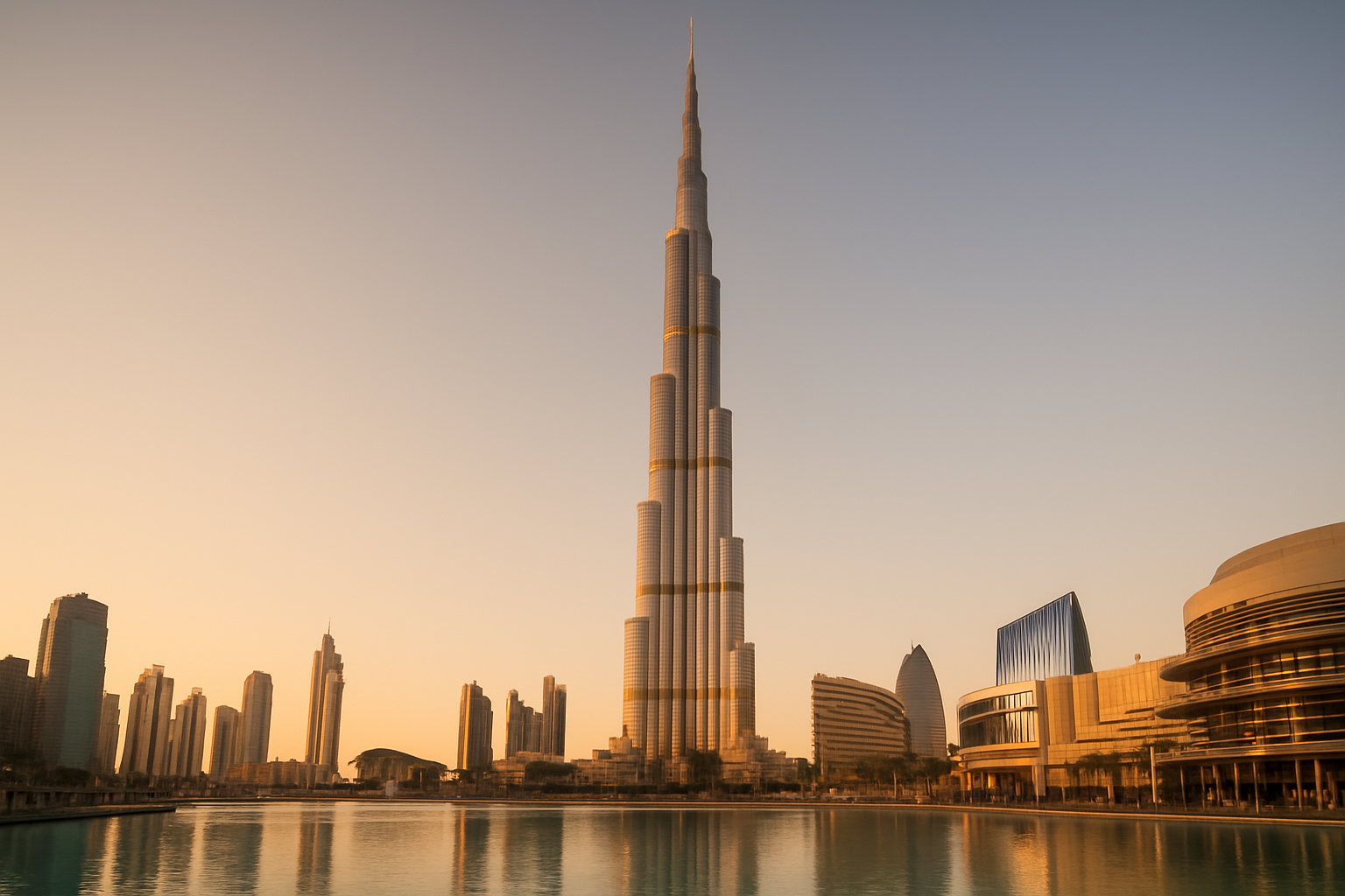 두바이 다운타운의 Burj Khalifa가 황금빛 하늘 아래 우뚝 선 전경, 주변에 두바이 분수와 건물 실루엣이 보임