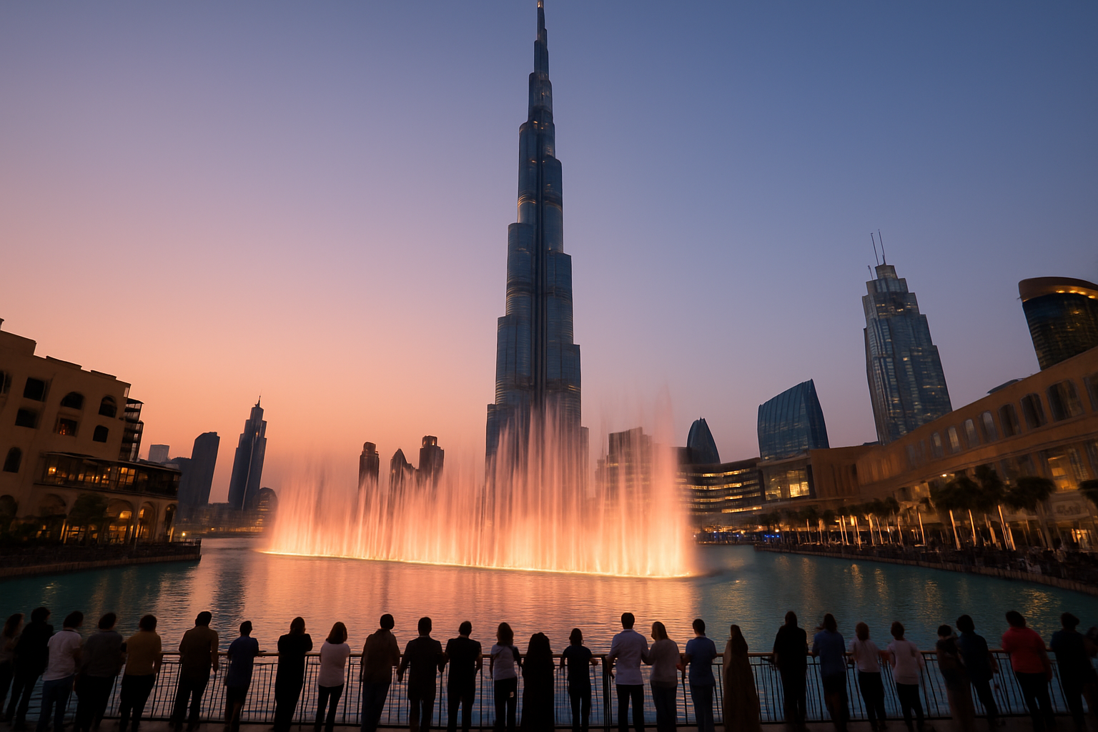 해질녘에 Burj Khalifa와 점등된 두바이 분수 주변을 걷는 관광객들의 모습