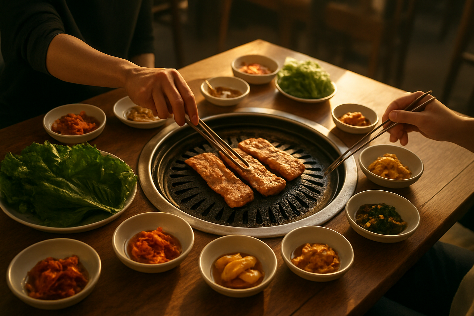 서울의 공유 식사 문화를 보여주는 삼겹살 테이블 전경, 반찬과 쌈이 놓여 있는 모습