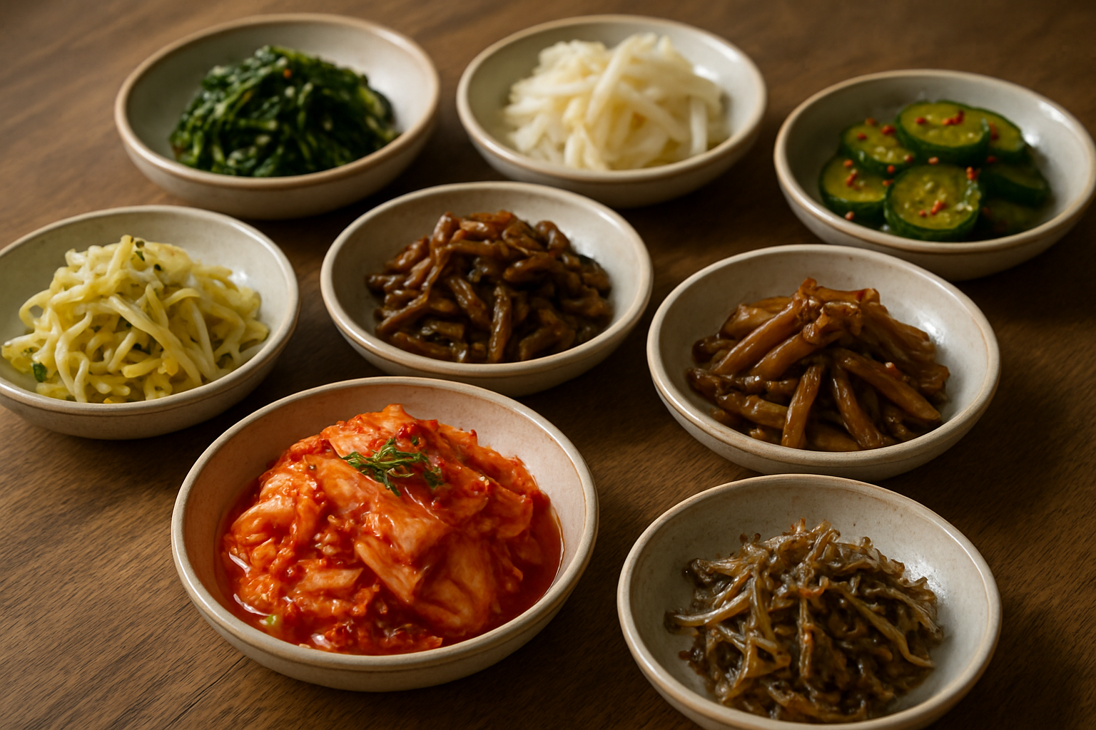 반찬이 다양하게 놓인 한식 식탁의 근접 샷, 김치와 나물, 젓갈 등이 보임