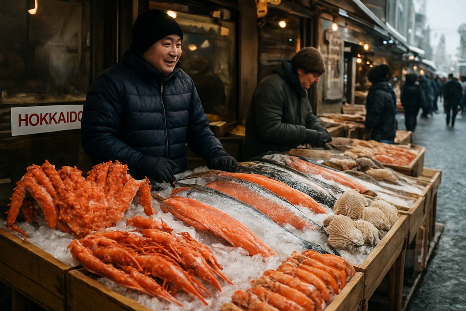 삿포로의 재래시장 야외 풍경과 신선한 해산물이 진열된 노점의 근접 샷