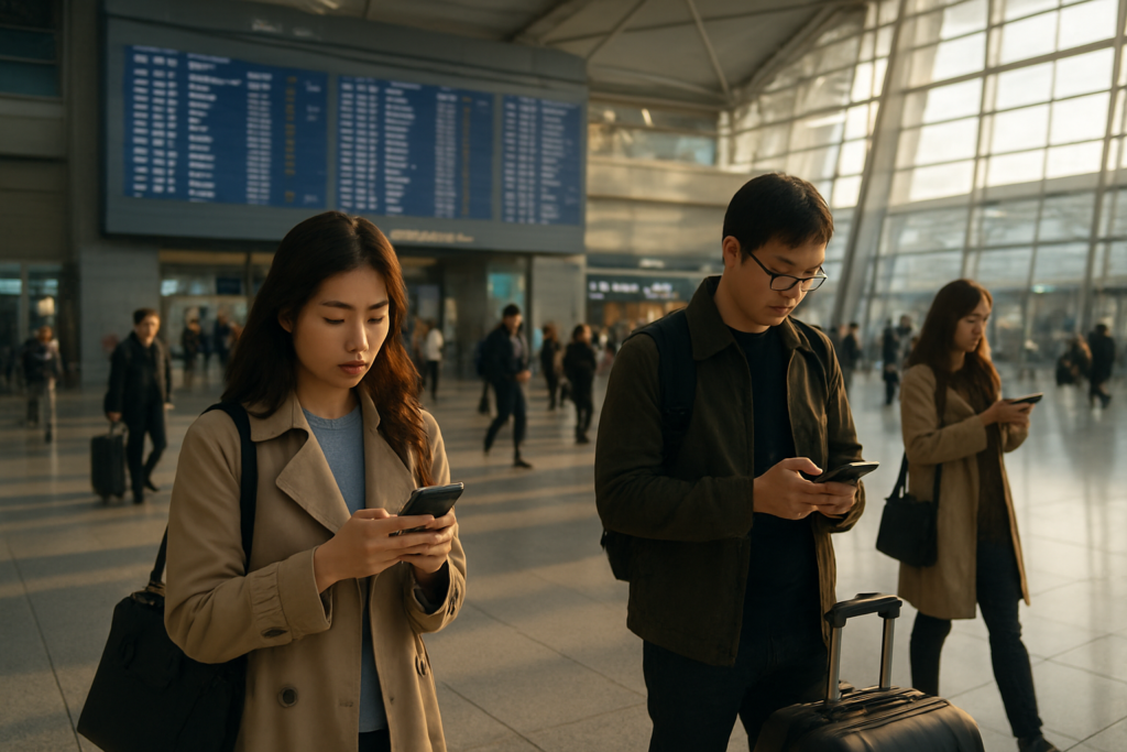 인천공항 출국장, 승객들이 휴대전화로 항공편을 확인하는 모습