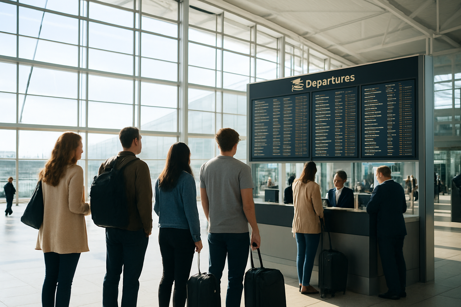 공항 출국층 전광판 앞에서 항공편 변경을 확인하는 여행자들