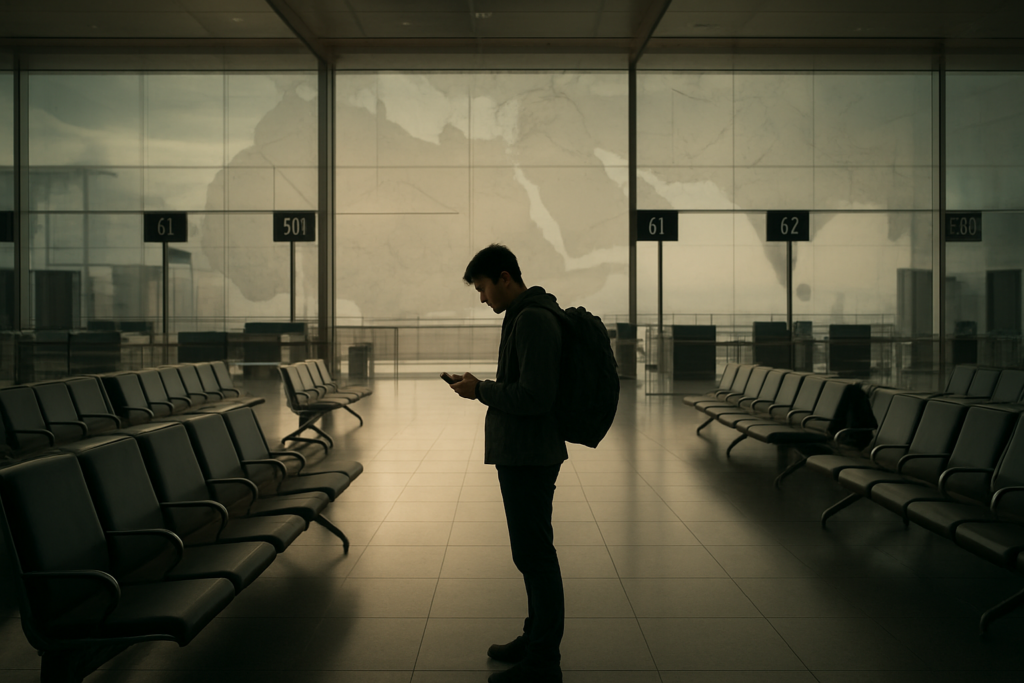 공항 출발 홀과 중동 지도가 배경에 은은하게 보이는 장면