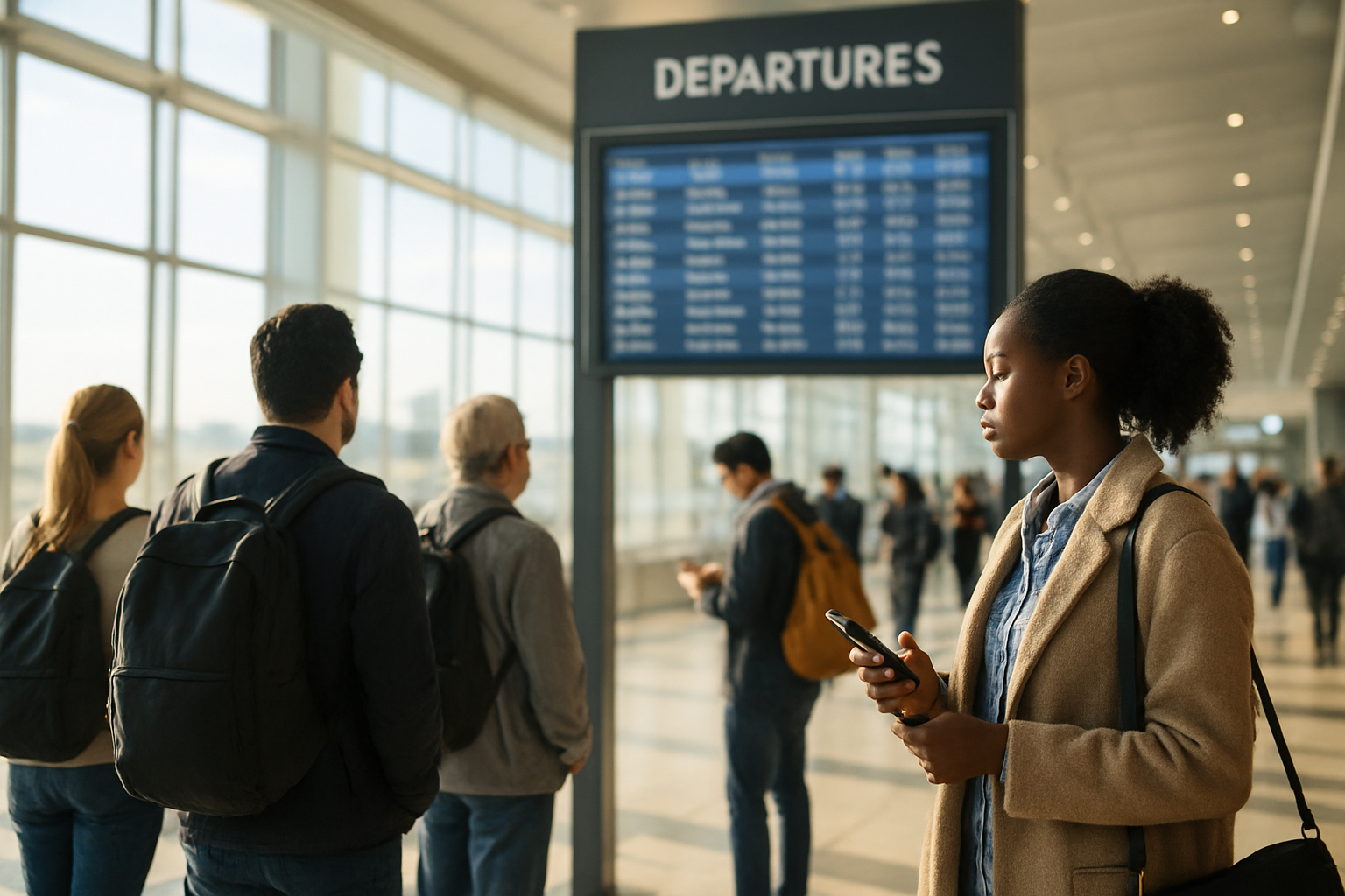 공항 출발층 모니터 앞에서 항공편 정보를 확인하는 승객들, 지연·변경 상황을 암시하는 모습