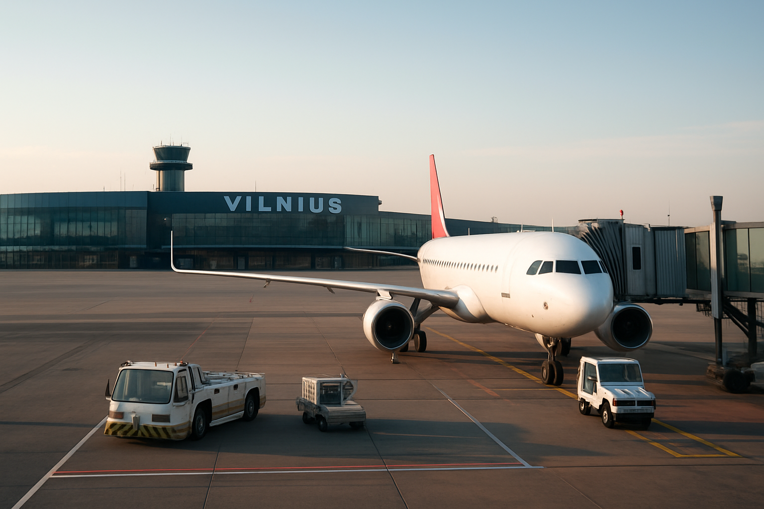 빌뉴스 공항 활주로와 터미널, 대기 중인 여객기와 관제탑
